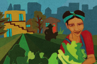 ARC illustration woman planting garden with a city in the background