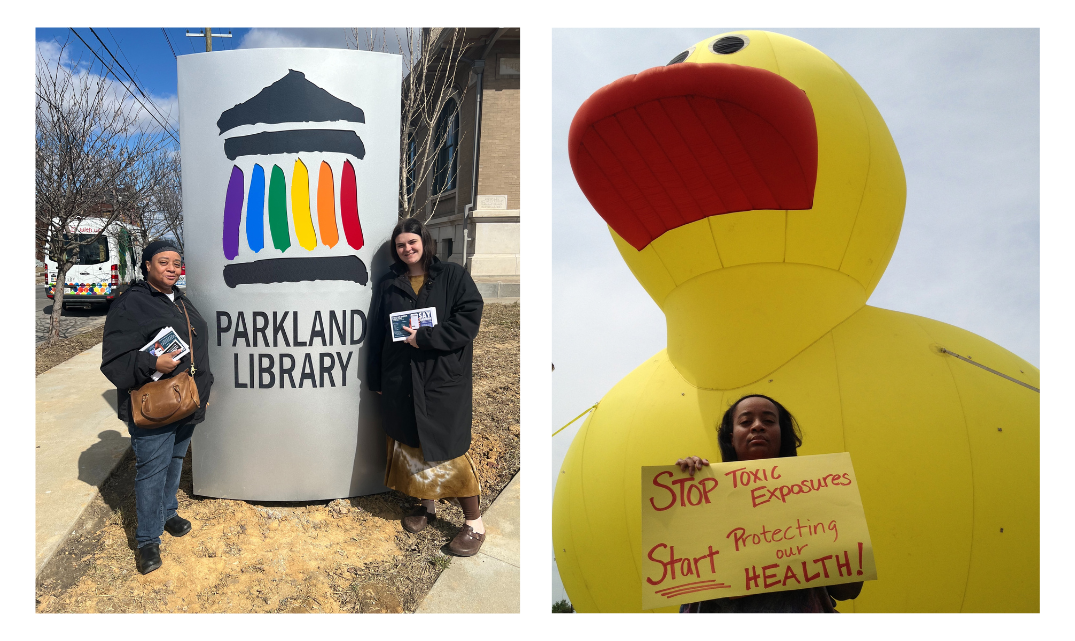 Two women, including Eboni Cochran stand out side of library and woman holds a protest sign in front of giant inflated duck. 