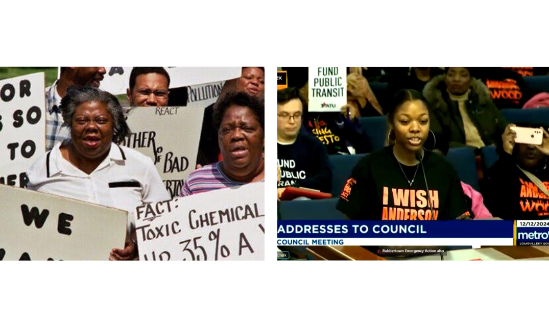 Women protest carrying signs and a young woman testifies